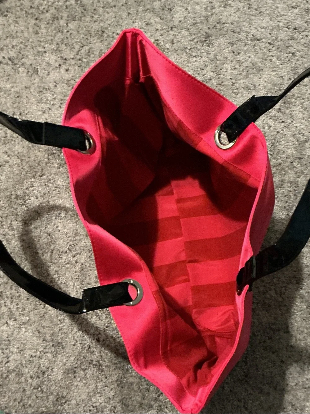 Victoria's Secret Hot Pink Tote with Black Patent Handles and Rhinestone Logo